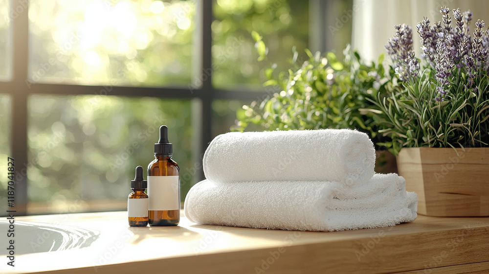 Poster Soft white towels and essential oil bottles on wooden countertop, surrounded by greenery, create serene and calming atmosphere perfect for relaxation and self care