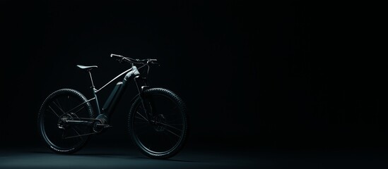 Electric mountain bike standing in a professional studio against a dark background. Minimalistic design with an emphasis on the shape and details of the bike. Copy space.