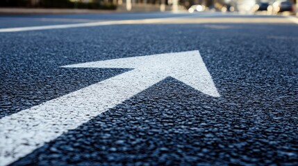 Fototapeta premium Asphalt street close-up featuring painted white arrow for right turn direction signaling traffic rules and safety on the road