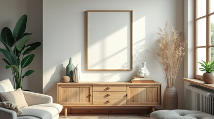 minimalist living room with wooden cabinet armchair