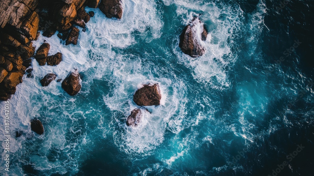 Poster aerial perspective of ocean waves crashing on rocks with empty space for text placement in a coastal