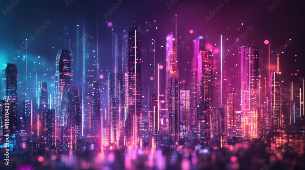 Poster futuristic cityscape with neon lights and abstract design elements in 3d representation