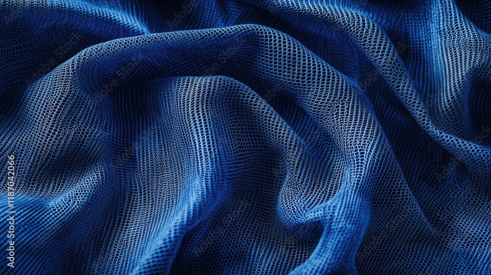 Poster textured dark blue fabric background with ruffles and soft defocused elements for abstract design or