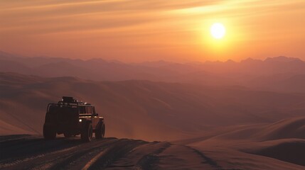 Fototapeta premium SUV standing on top of a sandy hill in the desert at sunset. The orange sun bathes the landscape in soft light, creating a warm and atmospheric picture.