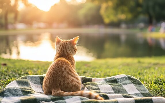 Back view of ginger cat sitting on plaid blanket looking at pond in sunny park at sunset.