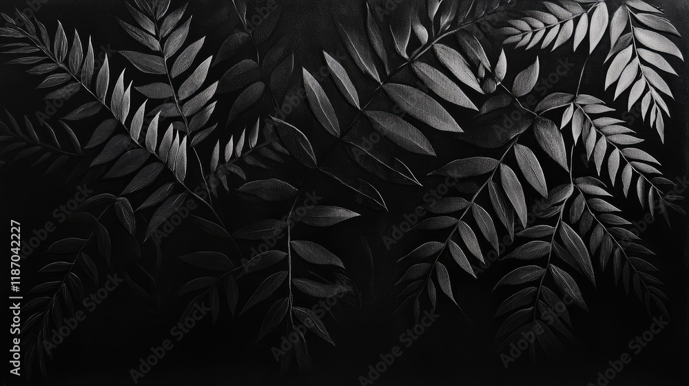 Poster abstract dark foliage with sharp spiky leaves illuminated by subtle inner light creating deep shadow