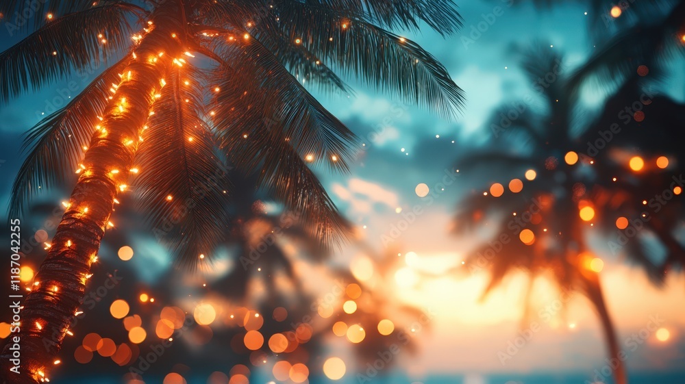 Poster festive string lights illuminate a palm tree, creating a magical christmas atmosphere on a tropical 