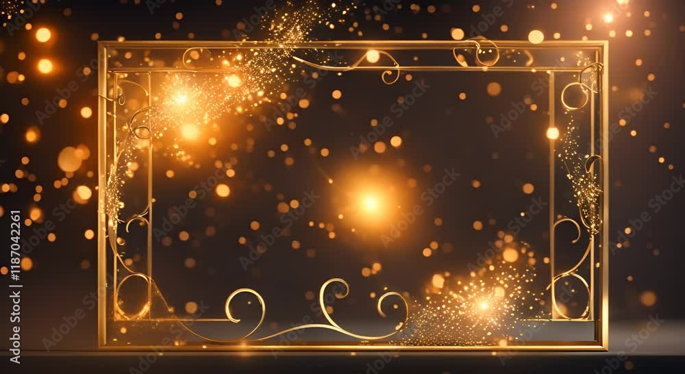 Poster golden frame surrounded by sparkling bokeh lights on a dark background creating a festive atmosphere