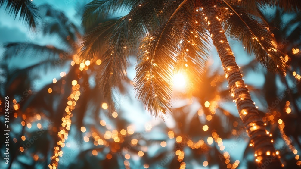 Poster festive string lights illuminate a palm tree, creating a magical christmas atmosphere on a tropical 