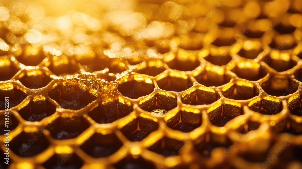 Poster abstract golden honeycomb structure with dark background showcasing hexagonal patterns and natural t