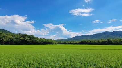 Obraz premium Vibrant green rice fields with scenic karst mountains under a clear blue sky showcasing nature's beauty and tranquility.