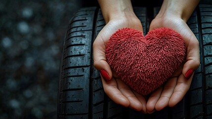 An affectionate display of hands cradling a rugged tire and a plush heart, perfect for Valentine's Day promotions or automotive services with a personal touch.