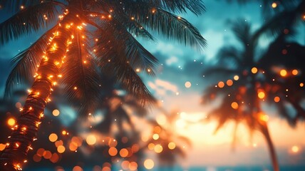 Festive string lights illuminate a palm tree, creating a magical christmas atmosphere on a tropical beach at sunset background