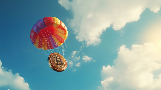 Golden Bitcoin coin hanging from parachute flying in blue sky with white clouds, copy space for text. Concept of cryptocurrency investment, crypto airdrop and financial freedom