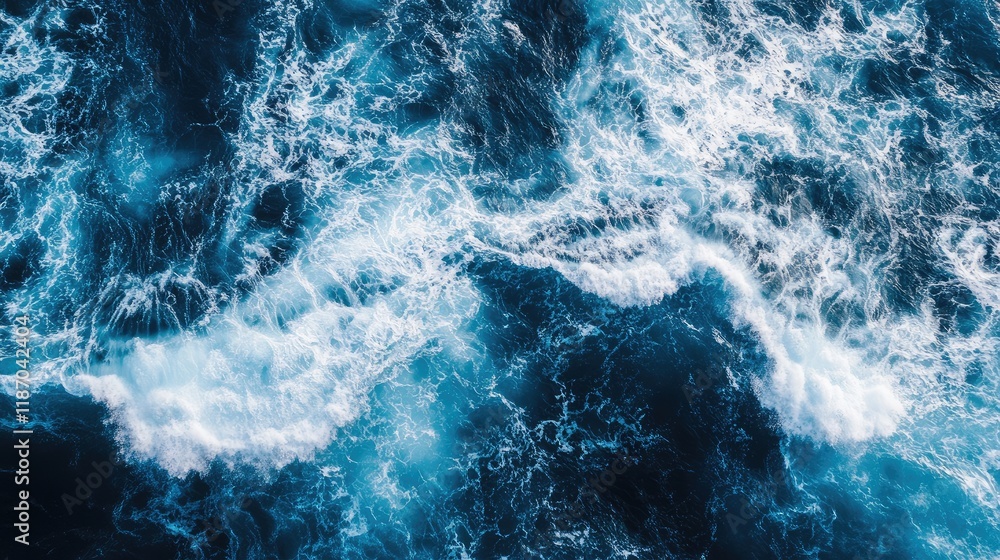 Poster vast blue ocean waves texture background with dynamic white foam and ample empty space for creative 
