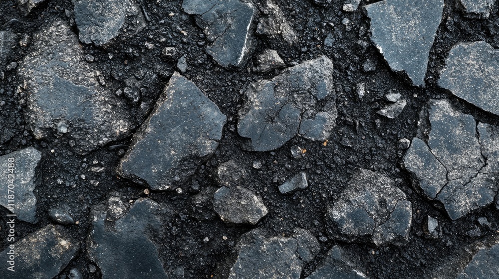 Poster dark asphalt texture with broken stone details for background design and construction themes top vie