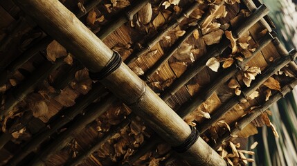 Fototapeta premium Bamboo Structure with Dried Leaves Roof Showcasing Traditional Construction Techniques and Natural Materials