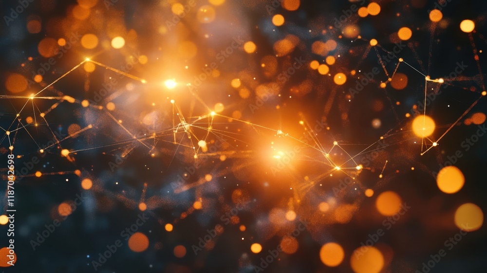 Poster complex network connections expanding and glowing in a technological space with an orange bokeh effe
