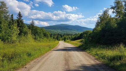 Fototapeta premium Scenic dirt road surrounded by greenery leading to mountains under a bright blue sky on a sunny summer day