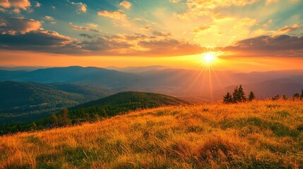 Obraz premium Breathtaking Sunrise and Sunset Over Rolling Hills with Lush Greenery and Vibrant Sky in a Serene Landscape