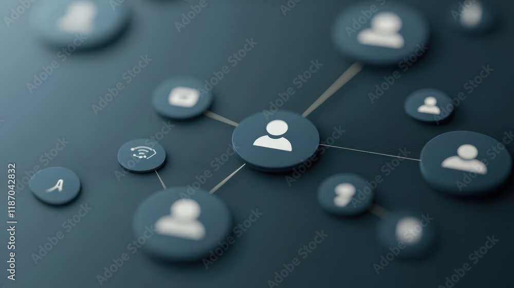 Poster network of circular user icons connecting, symbolizing digital communication and global social media