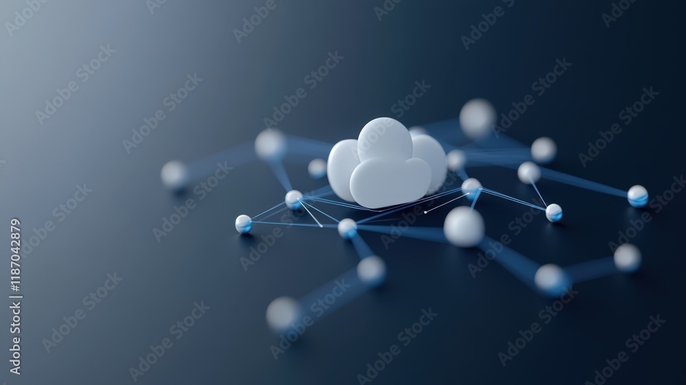 Poster cloud icon linking digital network nodes, symbolizing cloud computing, data storage, global connecti