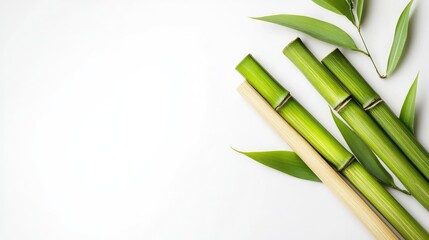 Bamboo chopsticks and leaves arranged on a white background creating a natural and eco-friendly dining concept