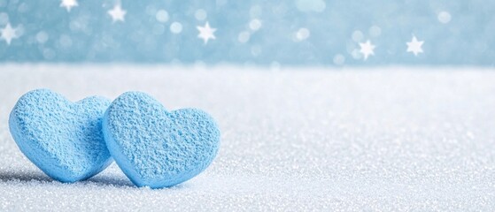 Obraz premium Two Blue Hearts on Sparkling Winter Background Festive Romantic Love