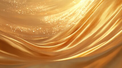 Luminous golden silk drapes cascading softly, radiant particles dancing, presenting elegant abstract luxury texture background