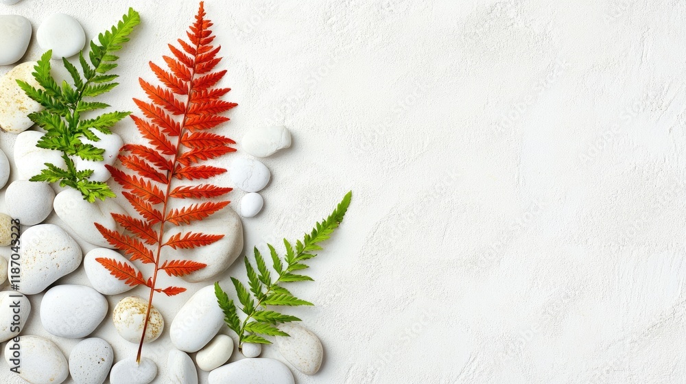 Aufkleber vibrant red fern and green ferns on smooth pebbles against white background high angle view with cop