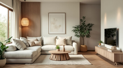 minimalist living room features a light beige sectional sofa wooden elements