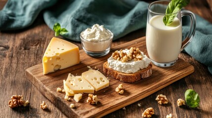 Fototapeta premium A rustic wooden board featuring assorted dairy products, including cheese, ricotta on bread with walnuts, and a glass of milk, capturing a cozy and nutritious scene.