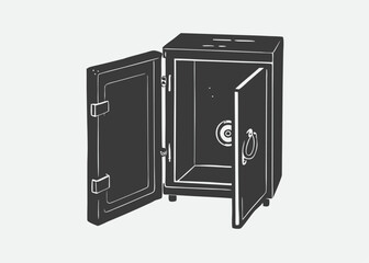 Empty metal open safe. The problem of theft and leakage of financial investments. Working on bank security for clients.