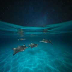 Fototapeta premium Night sky over three eagle rays swimming in clear ocean water.