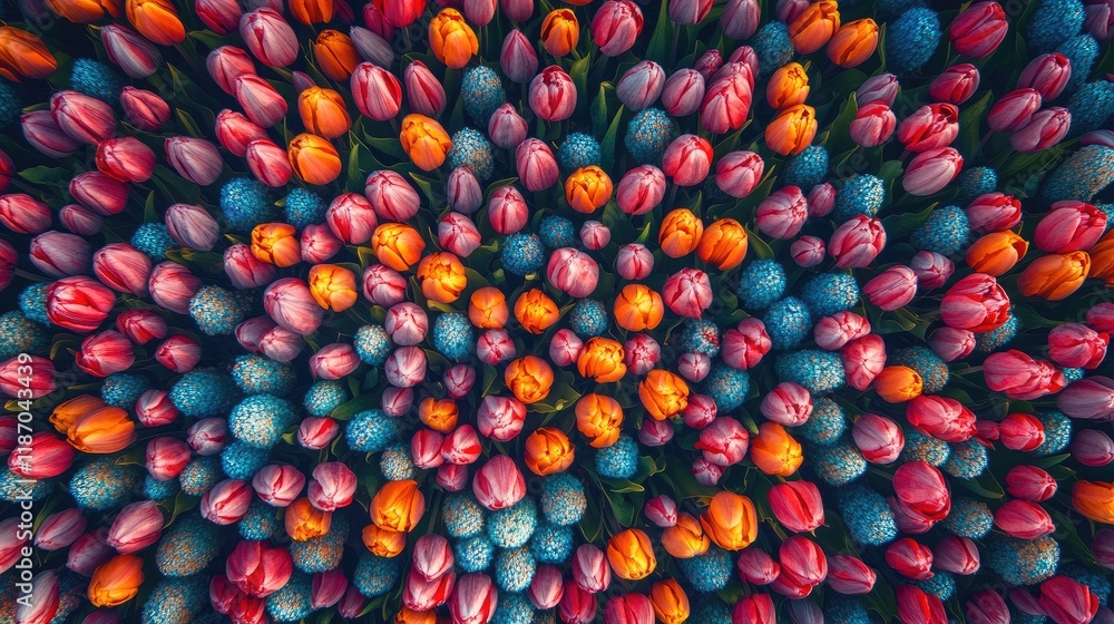 Poster Aerial perspective of vibrant tulip fields in full bloom showcasing a stunning array of colors and patterns in nature's beauty