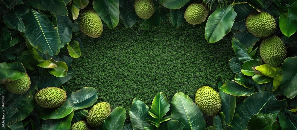Poster aerial view of lush jackfruit tree leaves with green fruits creating a natural frame for overlaying 