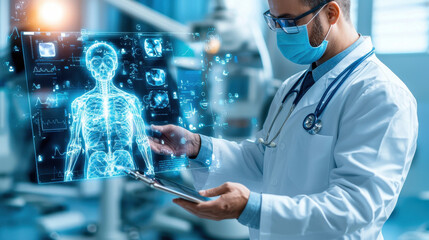 futuristic AI doctor examining holographic patient with advanced technology. doctor is wearing mask and using tablet to analyze health data