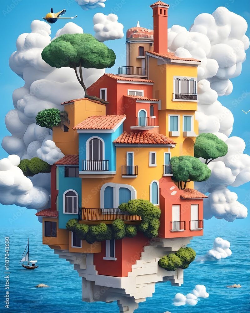 Poster a whimsical floating house surrounded by clouds and water, blending nature and architecture.