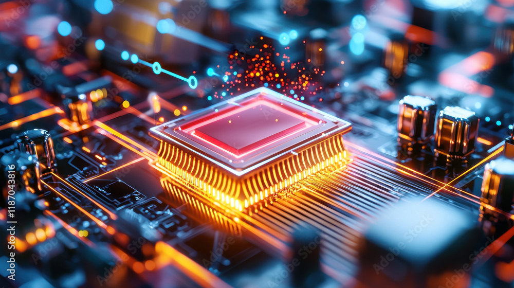 Aufkleber close up view of futuristic microchip on circuit board, showcasing intricate details and glowing elements. vibrant colors and design highlight advanced technology and innovation