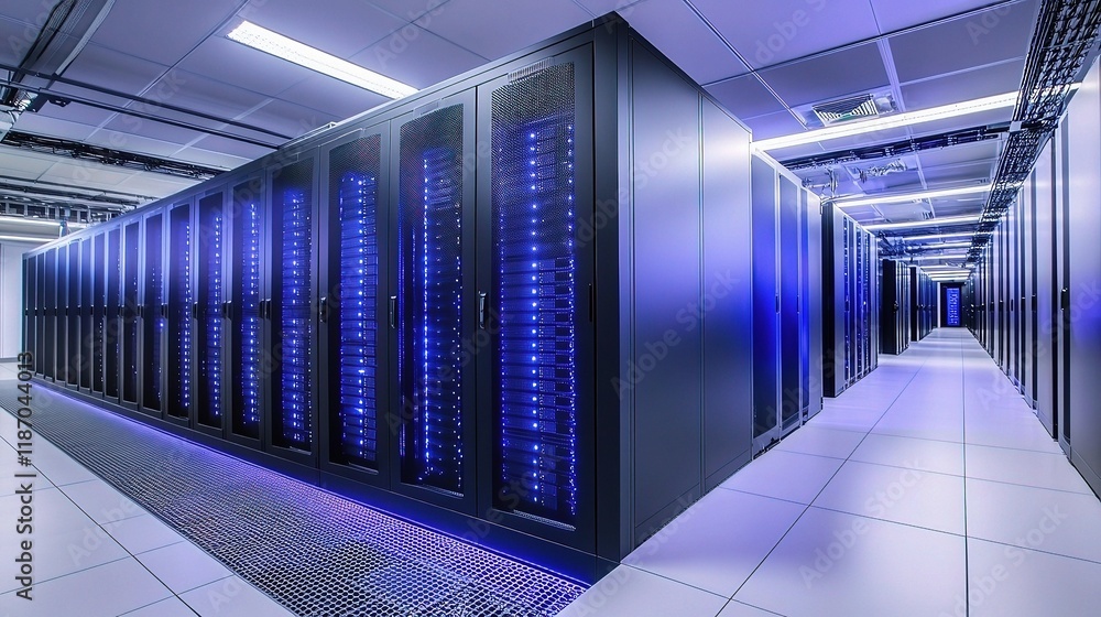 Poster modern data center with sleek network servers and gigapixel lines