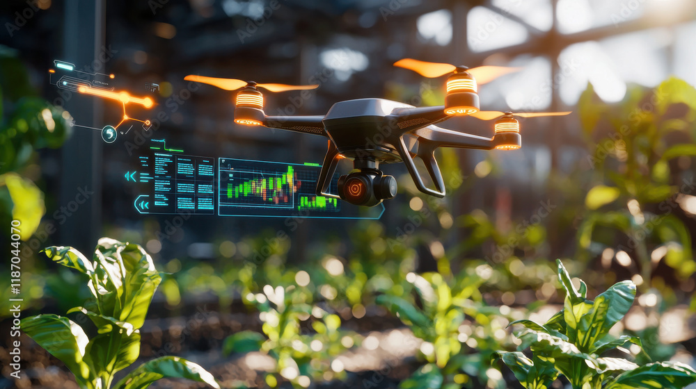 Aufkleber futuristic drone monitoring crops in smart greenhouse, showcasing advanced technology and data analysis for agriculture. scene highlights innovation in farming practices