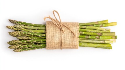 Freshly Harvested Asparagus Bunch Tied with Jute Fabric on Clean White Background