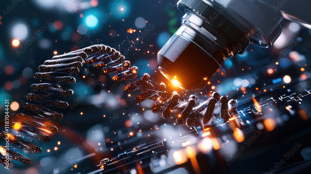 Poster futuristic bioinformatics lab with glowing data visualization and advanced microscope. intricate des