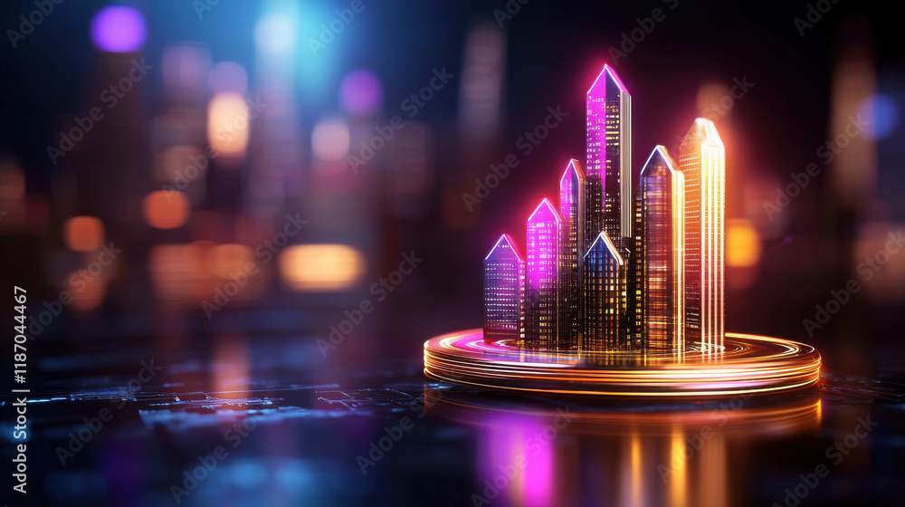 Aufkleber futuristic city skyline with illuminated skyscrapers and vibrant colors, showcasing advanced archite