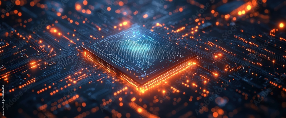 Poster glowing cpu on circuit board.