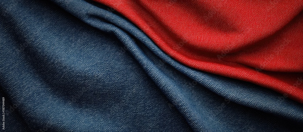 Poster textured denim and red fabric background with soft draped layers and space for branding or copywriti