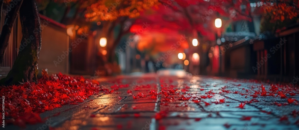 Poster autumn red maple leaves on a dimly lit street creating a serene atmosphere with ample space for text