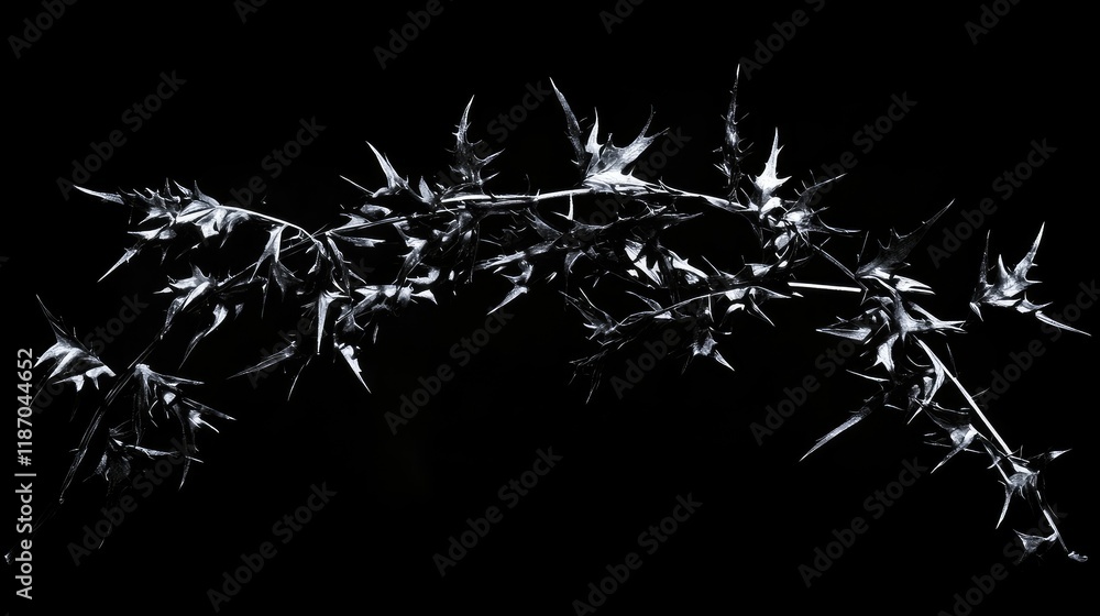 Poster illuminated abstract black bracken with sharp spiky leaves creating striking contrasts in deep shado