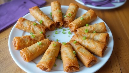 A plate of golden-brown, crispy fried spring rolls, arranged neatly and garnished with freshly chopped spring onions. The vibrant green adds a fresh touch to the savory, crunchy appetizer.