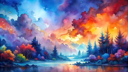 watercolor colorful landscape with clouds